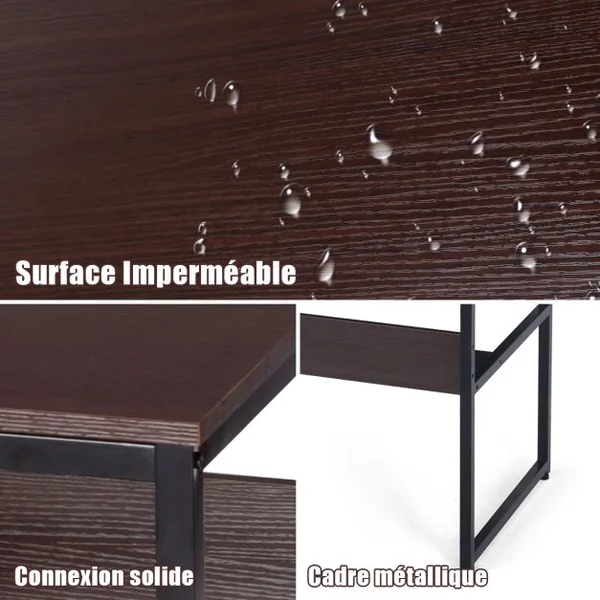 Bureau de Style Industriel L 140 X P 60 X H 76 cm avec Etagère de Rangement Cadre en Métal Café