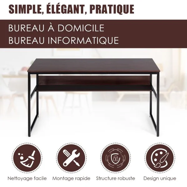 Bureau de Style Industriel L 140 X P 60 X H 76 cm avec Etagère de Rangement Cadre en Métal Café