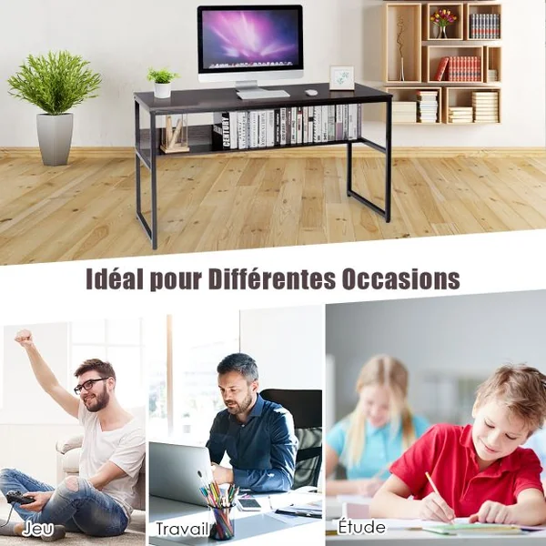 Bureau de Style Industriel L 140 X P 60 X H 76 cm avec Etagère de Rangement Cadre en Métal Café