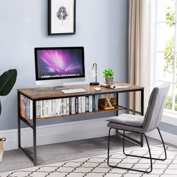 Bureau de Style Industriel L 140 X P 60 X H 76 cm avec Etagère de Rangement Cadre en Métal Rustique Marron