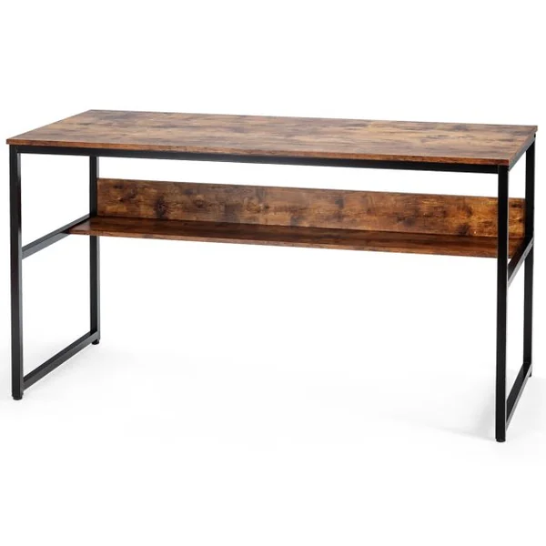 Bureau de Style Industriel L 140 X P 60 X H 76 cm avec Etagère de Rangement Cadre en Métal Rustique Marron