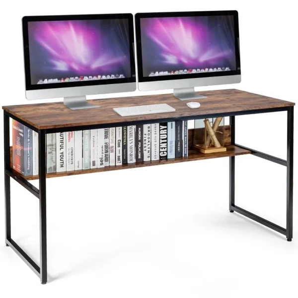 Bureau de Style Industriel L 140 X P 60 X H 76 cm avec Etagère de Rangement Cadre en Métal Rustique Marron