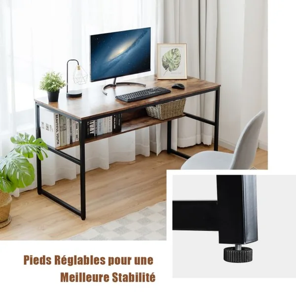 Bureau de Style Industriel L 140 X P 60 X H 76 cm avec Etagère de Rangement Cadre en Métal Rustique Marron