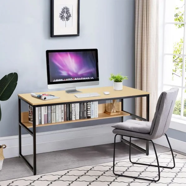 Bureau de Style Industriel L 140 X P 60 X H 76 cm avec Etagère de Rangement Cadre en Métal Rustique Naturel