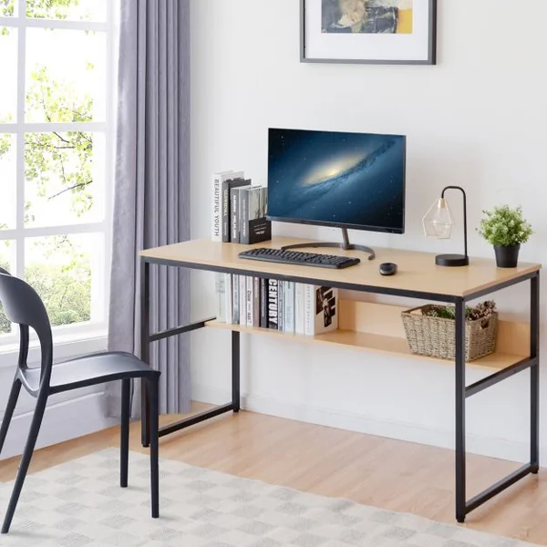 Bureau de Style Industriel L 140 X P 60 X H 76 cm avec Etagère de Rangement Cadre en Métal Rustique Naturel