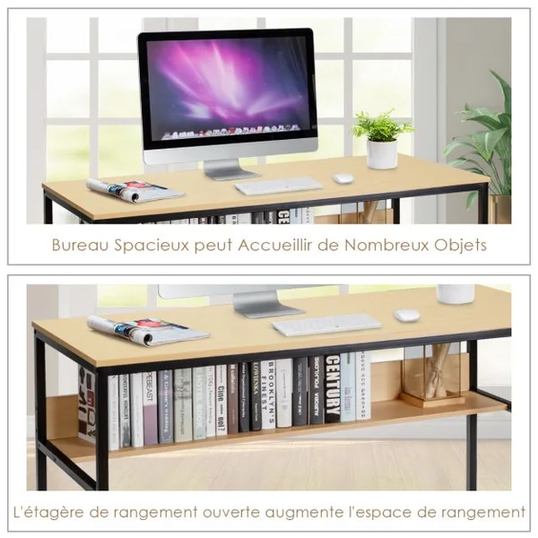 Bureau de Style Industriel L 140 X P 60 X H 76 cm avec Etagère de Rangement Cadre en Métal Rustique Naturel
