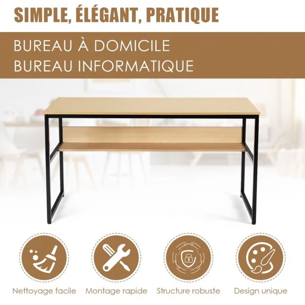 Bureau de Style Industriel L 140 X P 60 X H 76 cm avec Etagère de Rangement Cadre en Métal Rustique Naturel