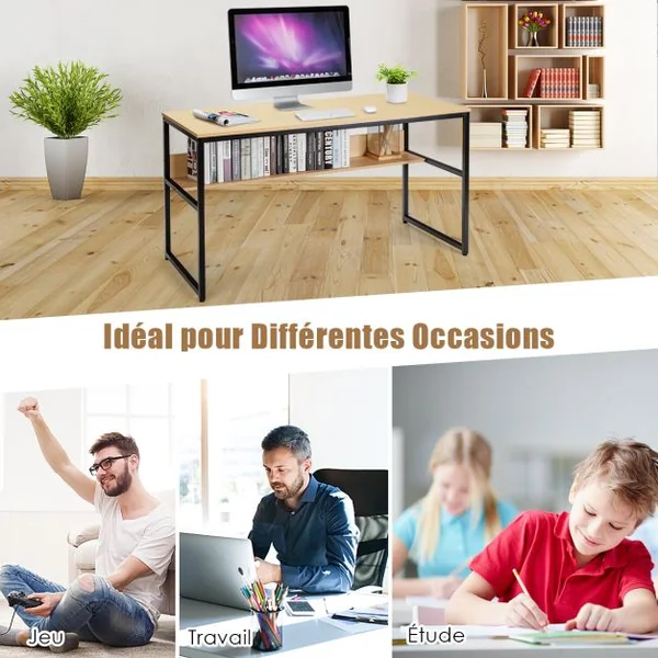 Bureau de Style Industriel L 140 X P 60 X H 76 cm avec Etagère de Rangement Cadre en Métal Rustique Naturel