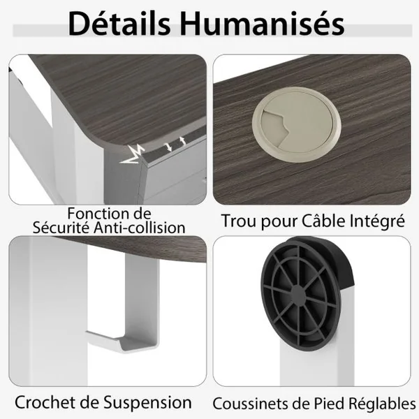 Bureau Debout Ergonomique à Hauteur Ajustable Électrique de 72-116 CM Moteur Puissant Panneau de Contrôle Gris