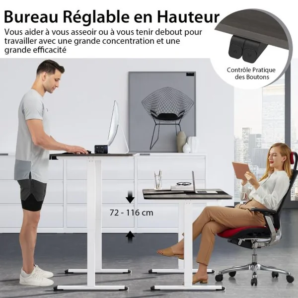 Bureau Debout Ergonomique à Hauteur Ajustable Électrique de 72-116 CM Moteur Puissant Panneau de Contrôle Gris