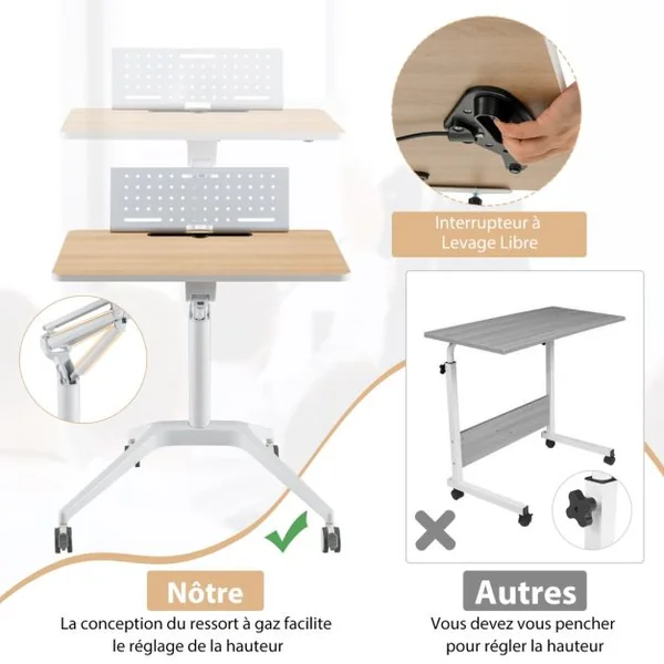 Bureau Debout Mobile 48x71cm à 4 Roulettes PU Podium Mobile Hauteur Réglable avec Pupitre Amovible 77-107 cm Naturel