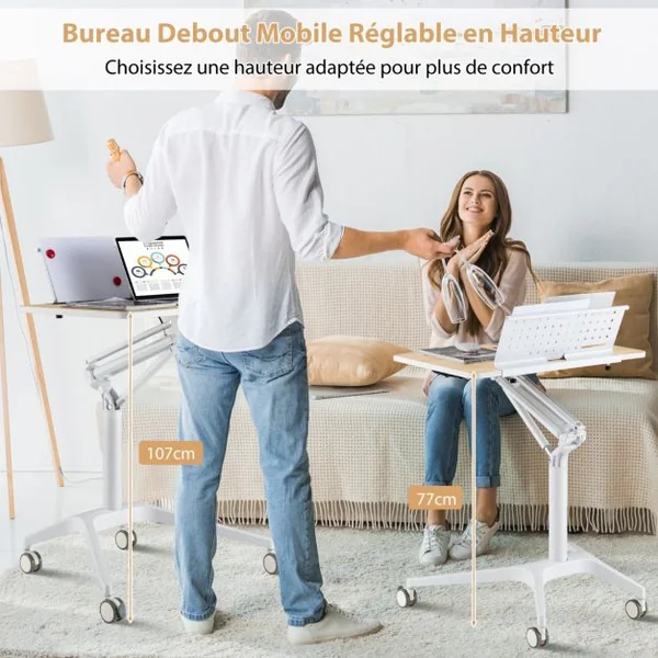 Bureau Debout Mobile 48x71cm à 4 Roulettes PU Podium Mobile Hauteur Réglable avec Pupitre Amovible 77-107 cm Naturel