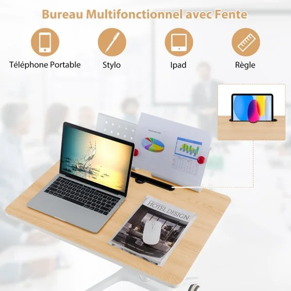 Bureau Debout Mobile 48x71cm à 4 Roulettes PU Podium Mobile Hauteur Réglable avec Pupitre Amovible 77-107 cm Naturel