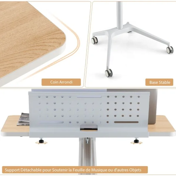Bureau Debout Mobile 48x71cm à 4 Roulettes PU Podium Mobile Hauteur Réglable avec Pupitre Amovible 77-107 cm Naturel