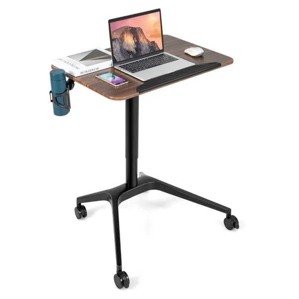 Bureau Debout Mobile Podium Mobile Angle et Hauteur Réglable avec Porte-gobelet Cadre en Alu avec Levage Pneumatique 72 x 50 x 74-107 cm Marron