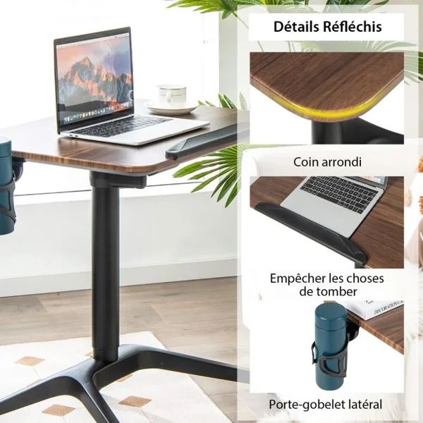 Bureau Debout Mobile Podium Mobile Angle et Hauteur Réglable avec Porte-gobelet Cadre en Alu avec Levage Pneumatique 72 x 50 x 74-107 cm Marron