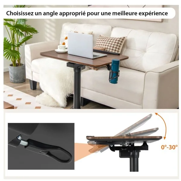 Bureau Debout Mobile Podium Mobile Angle et Hauteur Réglable avec Porte-gobelet Cadre en Alu avec Levage Pneumatique 72 x 50 x 74-107 cm Marron