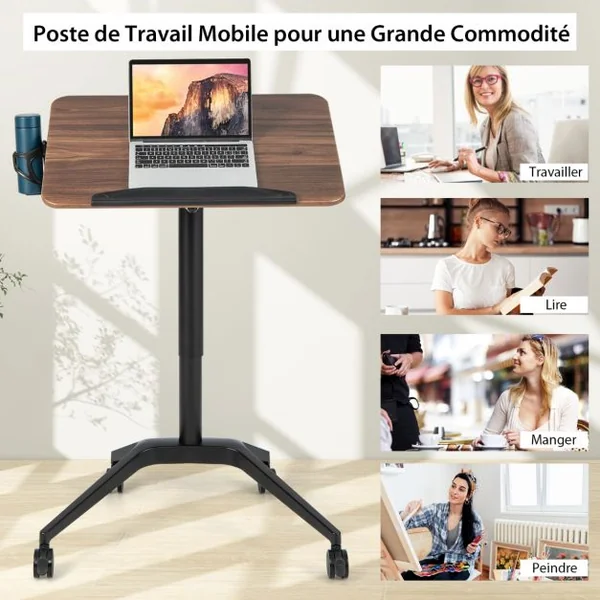 Bureau Debout Mobile Podium Mobile Angle et Hauteur Réglable avec Porte-gobelet Cadre en Alu avec Levage Pneumatique 72 x 50 x 74-107 cm Marron