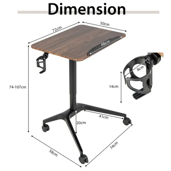 Bureau Debout Mobile Podium Mobile Angle et Hauteur Réglable avec Porte-gobelet Cadre en Alu avec Levage Pneumatique 72 x 50 x 74-107 cm Marron