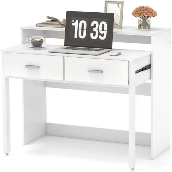 Bureau d'Ecriture Extensible avec 2 Tiroirs Petit Bureau d'Ordinateur de 100 cm avec Etagère pour Ecran et Roulettes Table Console Blanc