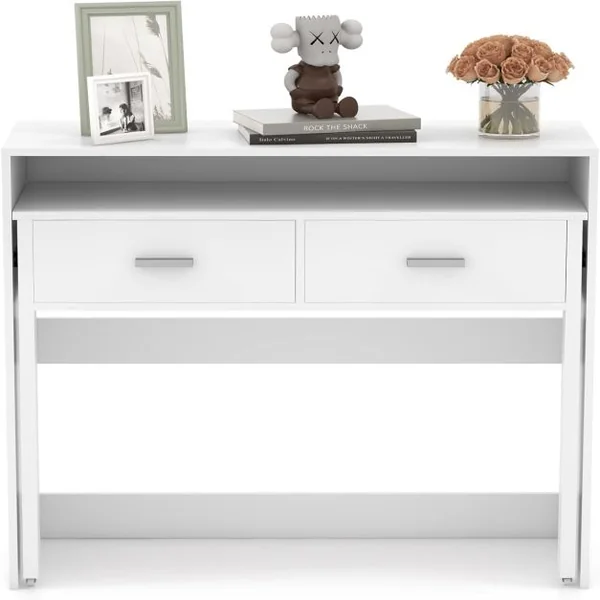 Bureau d'Ecriture Extensible avec 2 Tiroirs Petit Bureau d'Ordinateur de 100 cm avec Etagère pour Ecran et Roulettes Table Console Blanc