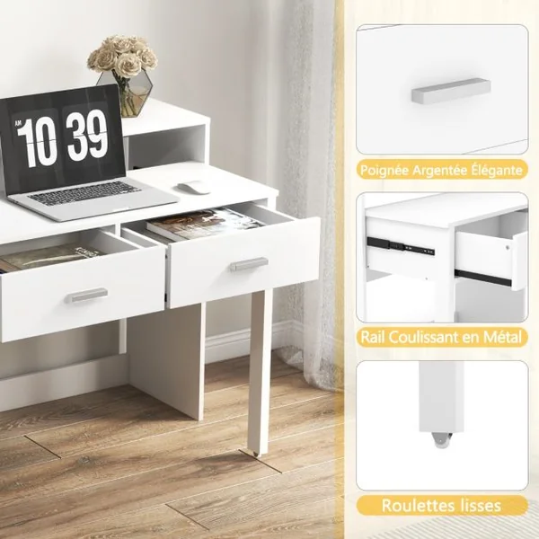 Bureau d'Ecriture Extensible avec 2 Tiroirs Petit Bureau d'Ordinateur de 100 cm avec Etagère pour Ecran et Roulettes Table Console Blanc