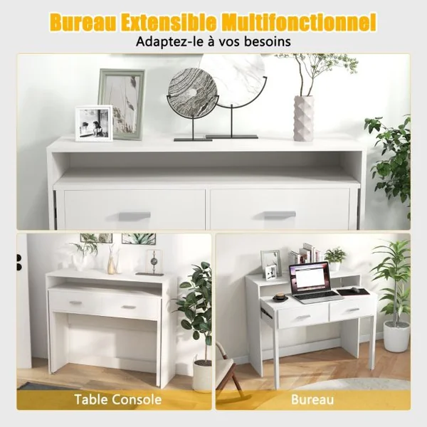 Bureau d'Ecriture Extensible avec 2 Tiroirs Petit Bureau d'Ordinateur de 100 cm avec Etagère pour Ecran et Roulettes Table Console Blanc