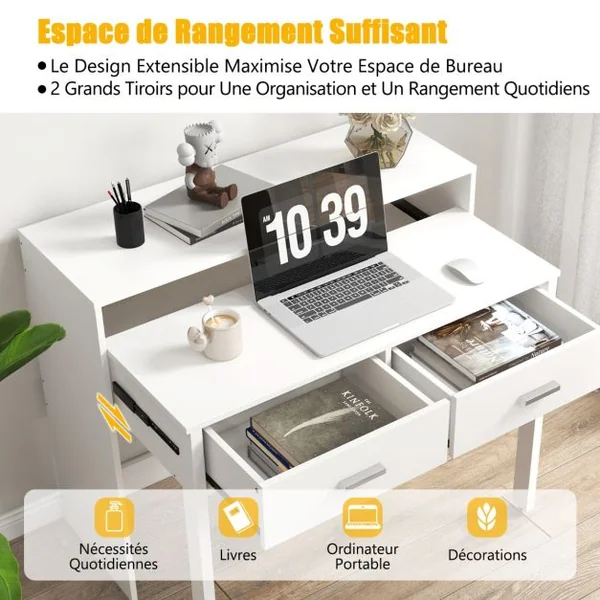 Bureau d'Ecriture Extensible avec 2 Tiroirs Petit Bureau d'Ordinateur de 100 cm avec Etagère pour Ecran et Roulettes Table Console Blanc