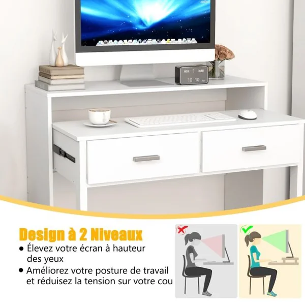 Bureau d'Ecriture Extensible avec 2 Tiroirs Petit Bureau d'Ordinateur de 100 cm avec Etagère pour Ecran et Roulettes Table Console Blanc