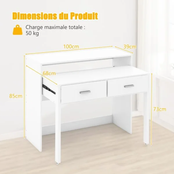 Bureau d'Ecriture Extensible avec 2 Tiroirs Petit Bureau d'Ordinateur de 100 cm avec Etagère pour Ecran et Roulettes Table Console Blanc