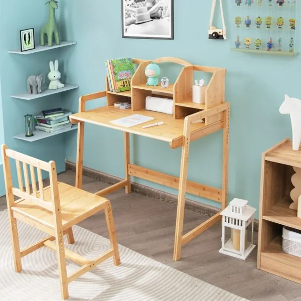 Bureau d'Enfant avec Chaise - Evolutif avec Petite Bibliothèque pour Rangement en Bambou Ecologiste Naturel