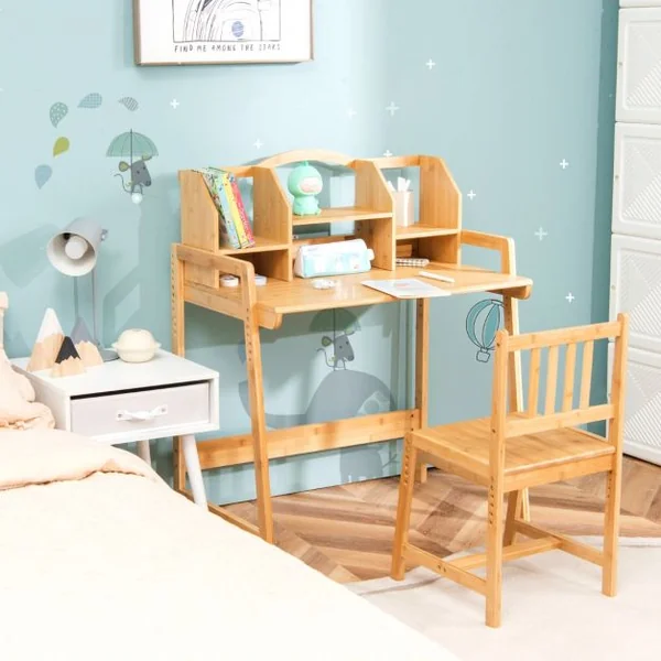 Bureau d'Enfant avec Chaise - Evolutif avec Petite Bibliothèque pour Rangement en Bambou Ecologiste Naturel