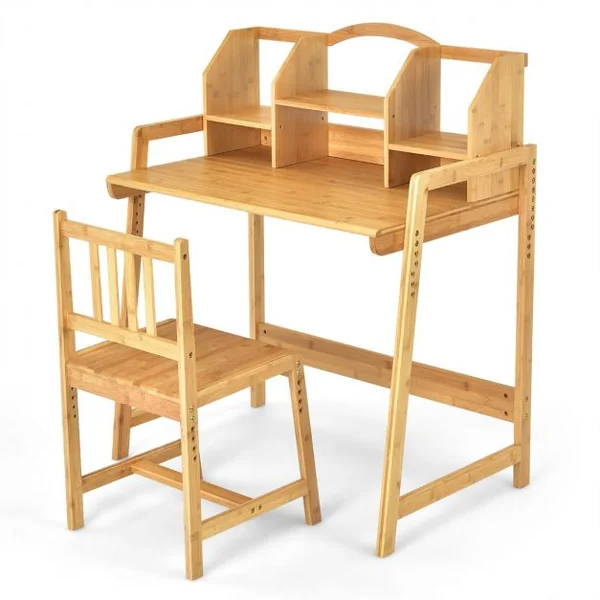 Bureau d'Enfant avec Chaise - Evolutif avec Petite Bibliothèque pour Rangement en Bambou Ecologiste Naturel