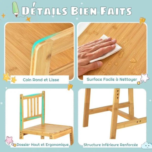 Bureau d'Enfant avec Chaise - Evolutif avec Petite Bibliothèque pour Rangement en Bambou Ecologiste Naturel