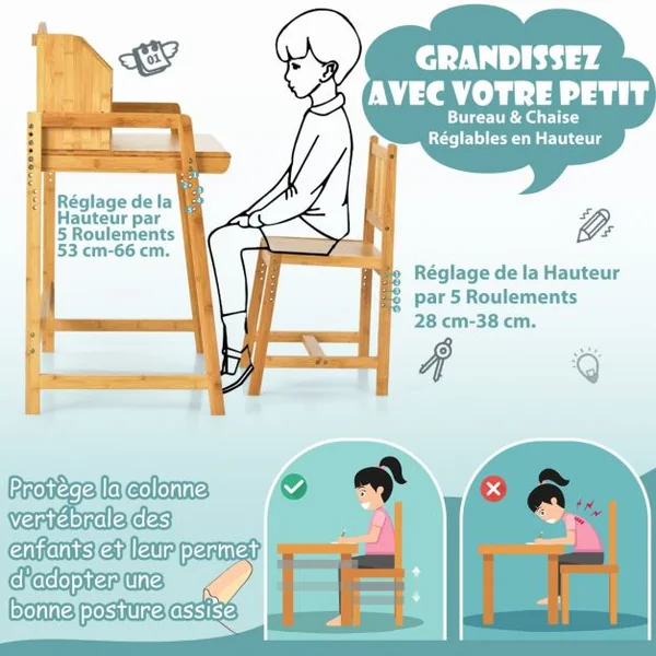 Bureau d'Enfant avec Chaise - Evolutif avec Petite Bibliothèque pour Rangement en Bambou Ecologiste Naturel