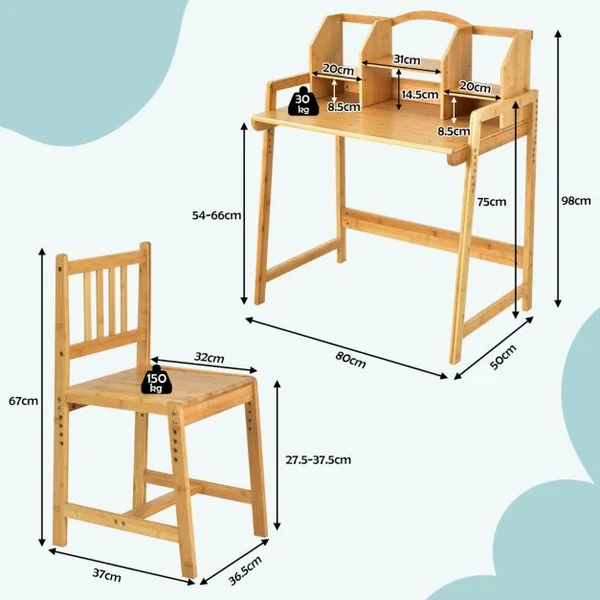 Bureau d'Enfant avec Chaise - Evolutif avec Petite Bibliothèque pour Rangement en Bambou Ecologiste Naturel