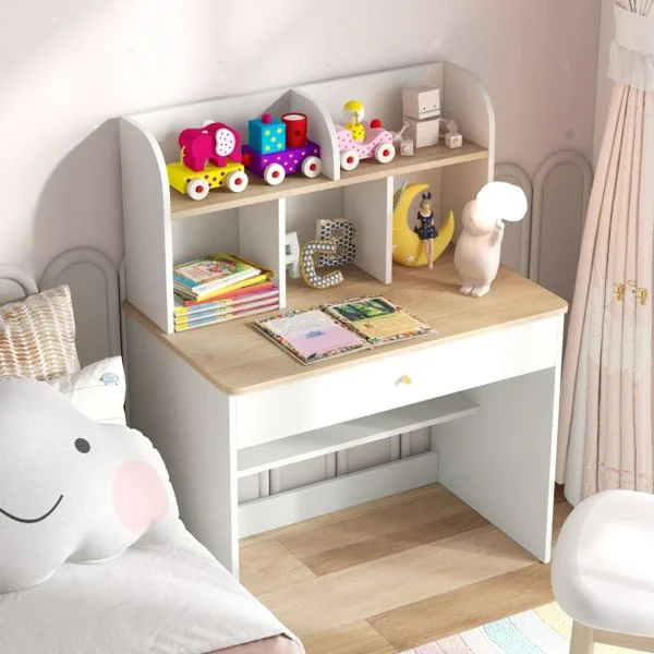 Bureau d'Etude en Bois pour Enfants Petit Bureau avec Clapier et 1 Tiroir Etagère de Rangement Bureau pour Etudiants Bureau avec Rangement Blanc