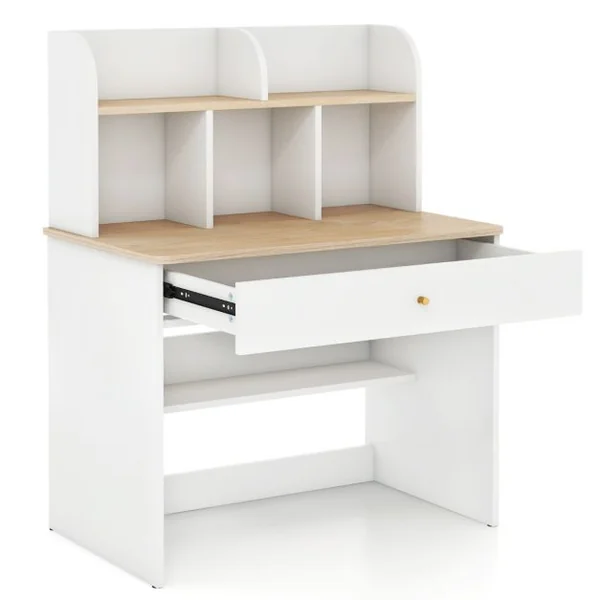 Bureau d'Etude en Bois pour Enfants Petit Bureau avec Clapier et 1 Tiroir Etagère de Rangement Bureau pour Etudiants Bureau avec Rangement Blanc