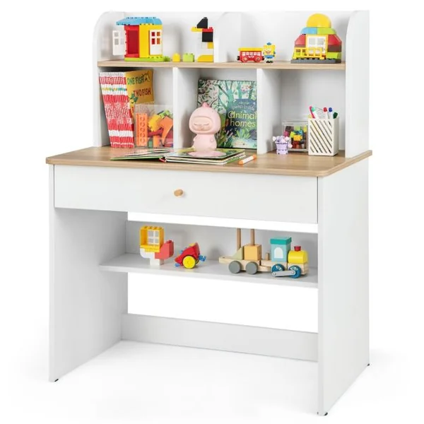 Bureau d'Etude en Bois pour Enfants Petit Bureau avec Clapier et 1 Tiroir Etagère de Rangement Bureau pour Etudiants Bureau avec Rangement Blanc