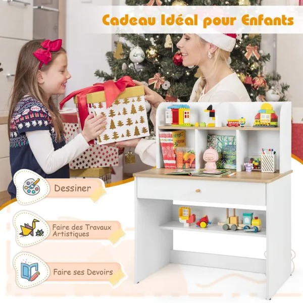 Bureau d'Etude en Bois pour Enfants Petit Bureau avec Clapier et 1 Tiroir Etagère de Rangement Bureau pour Etudiants Bureau avec Rangement Blanc