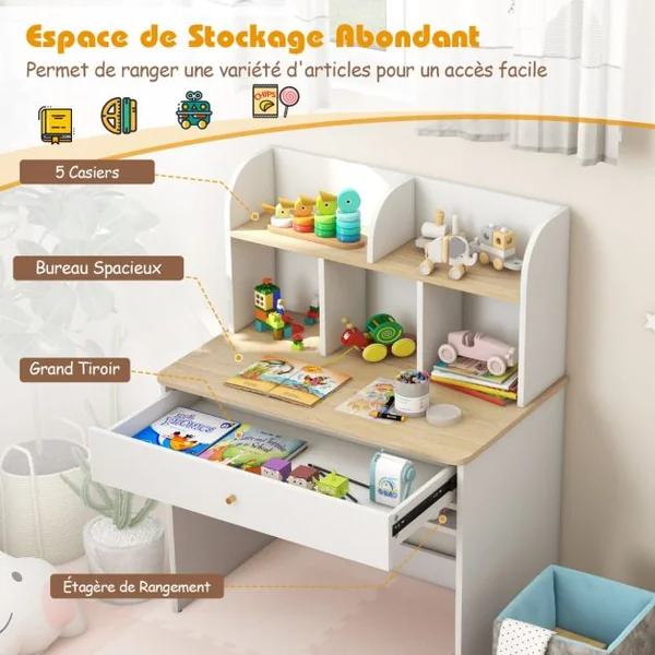 Bureau d'Etude en Bois pour Enfants Petit Bureau avec Clapier et 1 Tiroir Etagère de Rangement Bureau pour Etudiants Bureau avec Rangement Blanc