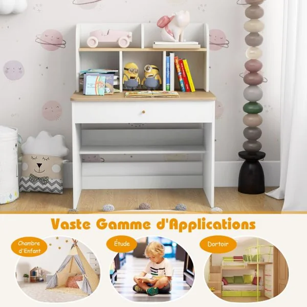 Bureau d'Etude en Bois pour Enfants Petit Bureau avec Clapier et 1 Tiroir Etagère de Rangement Bureau pour Etudiants Bureau avec Rangement Blanc