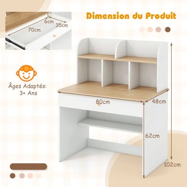 Bureau d'Etude en Bois pour Enfants Petit Bureau avec Clapier et 1 Tiroir Etagère de Rangement Bureau pour Etudiants Bureau avec Rangement Blanc