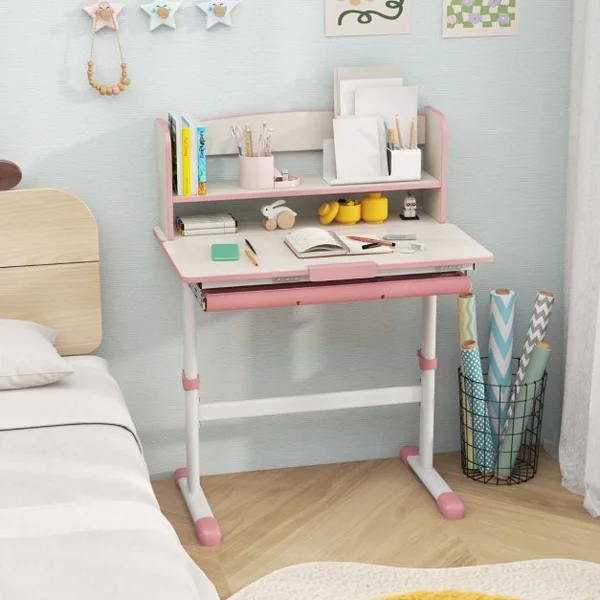 Bureau d'Etude pour Enfants Réglable en Hauteur Plateau Inclinable avec Huche Tiroir Règle de Mesures pour 3-12 Ans Bleu/Rose/Gris