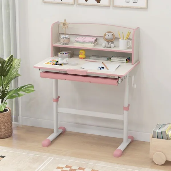 Bureau d'Etude pour Enfants Réglable en Hauteur Plateau Inclinable avec Huche Tiroir Règle de Mesures pour 3-12 Ans Bleu/Rose/Gris