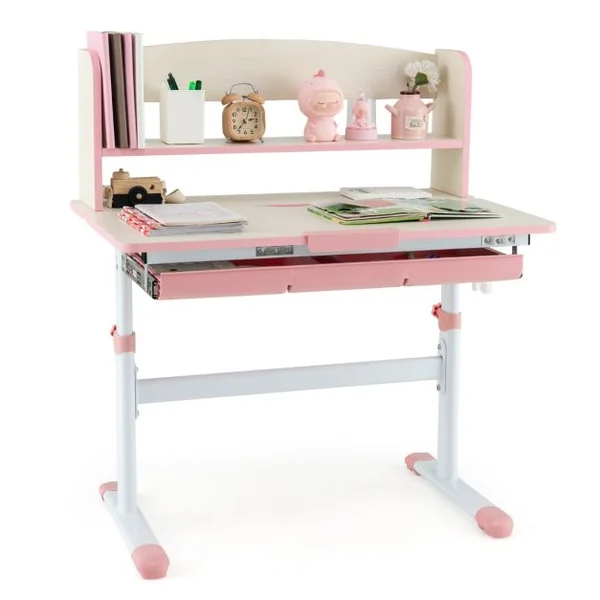 Bureau d'Etude pour Enfants Réglable en Hauteur Plateau Inclinable avec Huche Tiroir Règle de Mesures pour 3-12 Ans Bleu/Rose/Gris