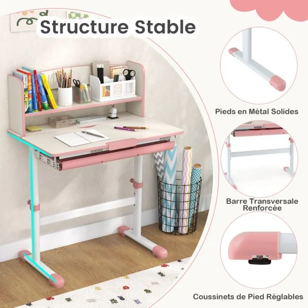 Bureau d'Etude pour Enfants Réglable en Hauteur Plateau Inclinable avec Huche Tiroir Règle de Mesures pour 3-12 Ans Bleu/Rose/Gris