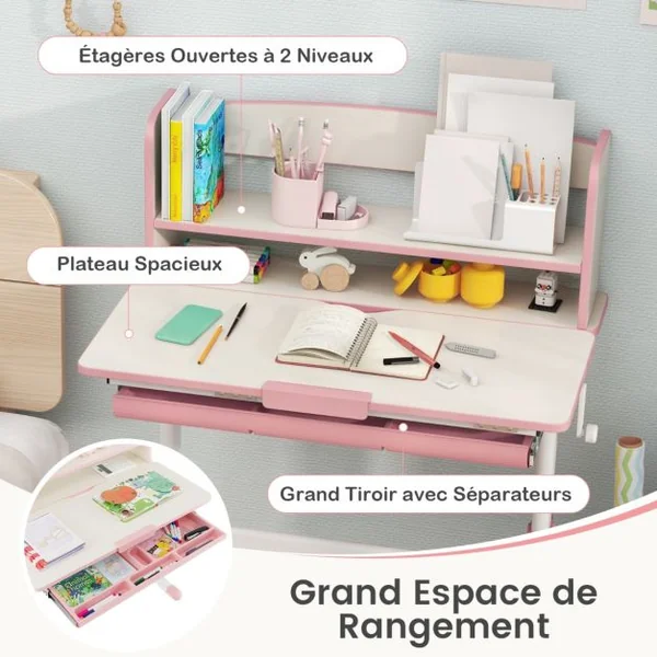 Bureau d'Etude pour Enfants Réglable en Hauteur Plateau Inclinable avec Huche Tiroir Règle de Mesures pour 3-12 Ans Bleu/Rose/Gris