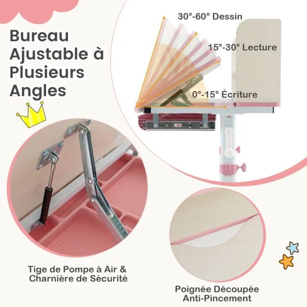Bureau d'Etude pour Enfants Réglable en Hauteur Plateau Inclinable avec Huche Tiroir Règle de Mesures pour 3-12 Ans Bleu/Rose/Gris