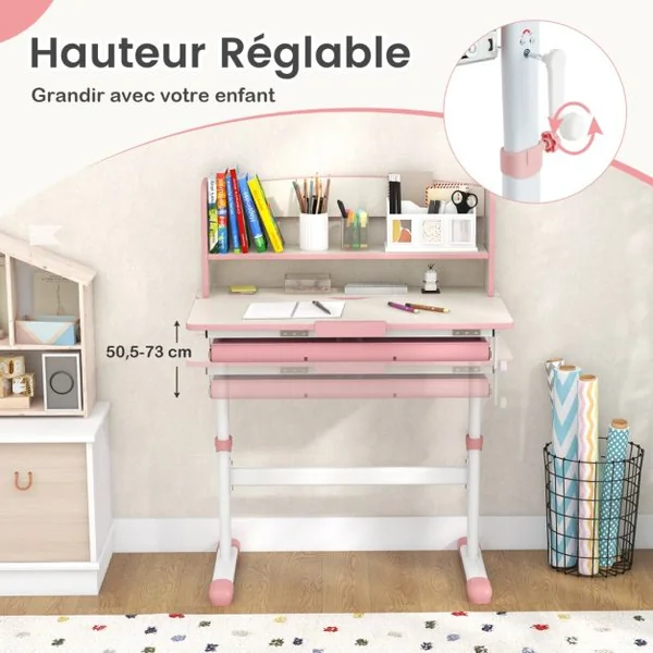 Bureau d'Etude pour Enfants Réglable en Hauteur Plateau Inclinable avec Huche Tiroir Règle de Mesures pour 3-12 Ans Bleu/Rose/Gris